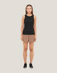 Model wearing Cuera Active Rib Tank Top Bundle B&W, front studio view
