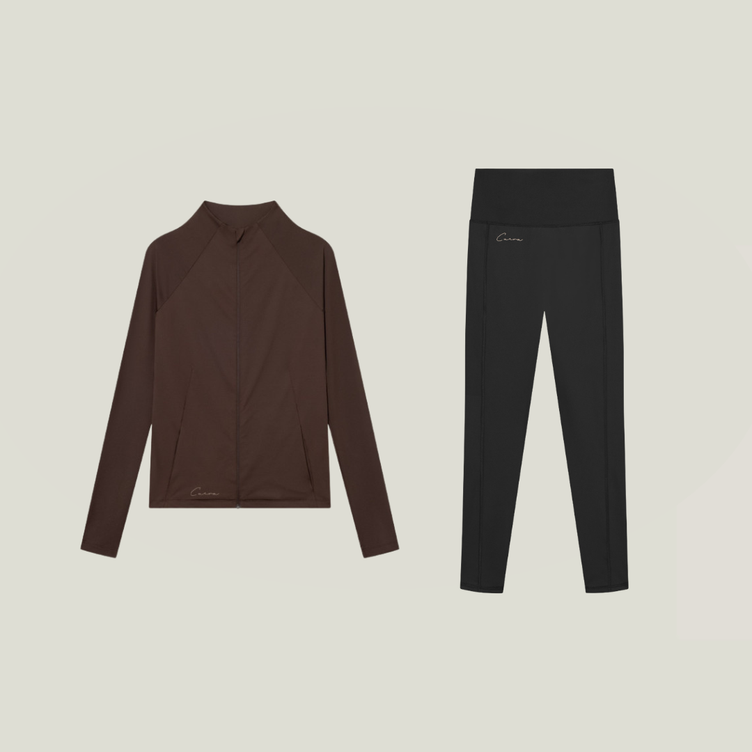 Cuera Active Zip Cardigan &amp; Tights Long in Black/Dark Brown, flat lay front view