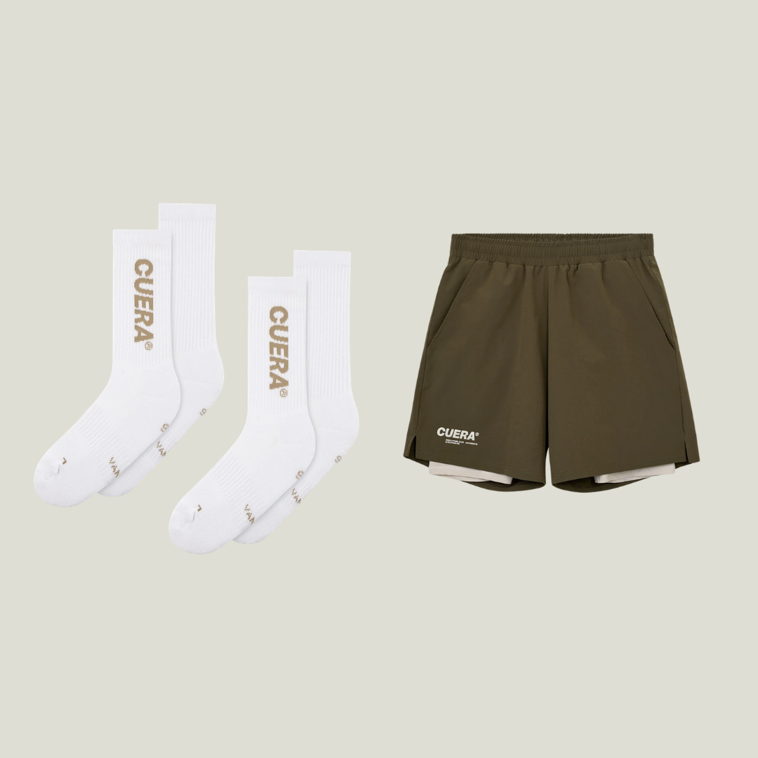 Cuera Oncourt 2in1 Shorts Army &amp; 2-pack socks Walnut, flat lay front view