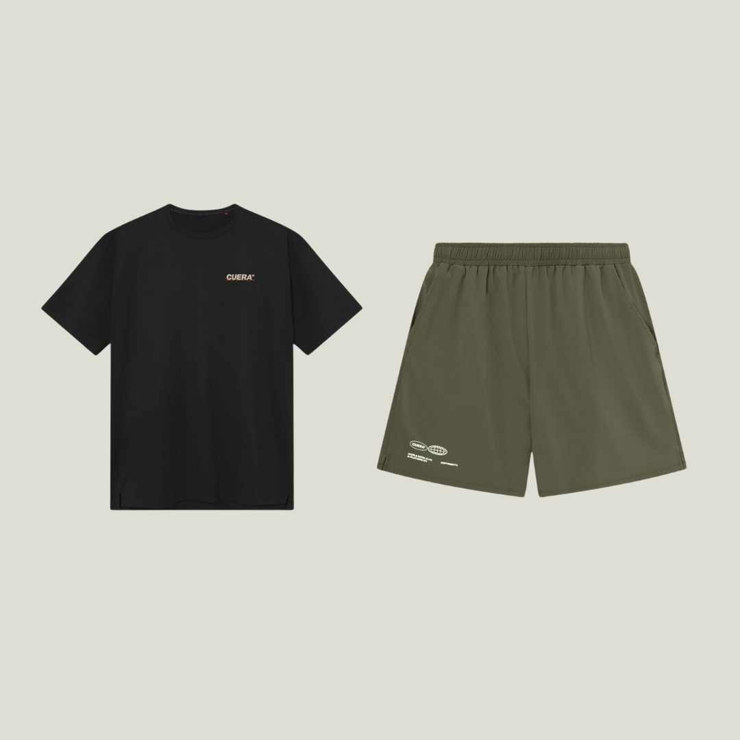 Cuera Oncourt Shorts &amp; Light Weight T-Shirt Army w. Black Bundle, flat lay front view