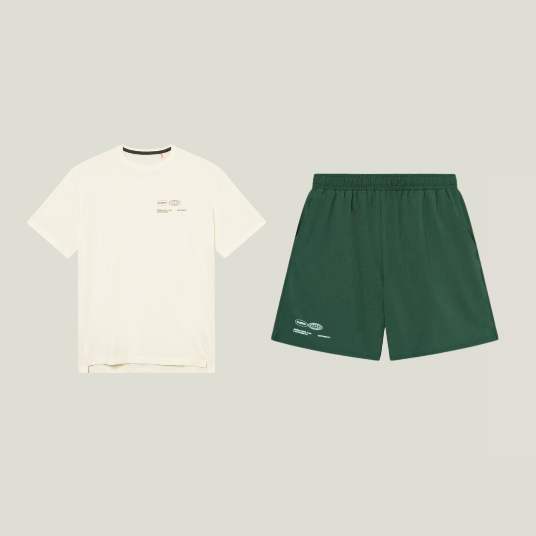 Cuera Oncourt Shorts &amp; T-shirt in Court Green &amp; Off White, flat lay front view